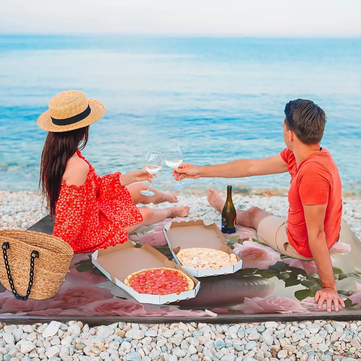 Beach Blanket, Rose Vase Sandproof Beach Mat, Waterproof Quick Drying Sand Free Mat with 4 x Ground Spikes for Outdoor Travel Camping Hiking, Floral 68 x 59 in