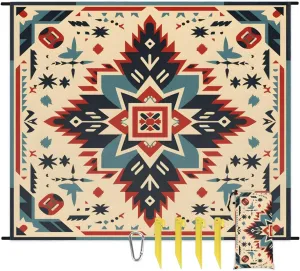 Beach Blanket, Rustic Western Sandproof Beach Mat, Waterproof Quick Drying Sand Free Mat with 4 x Ground Spikes for Outdoor Travel Camping Hiking, Southwestern Aztec 68 x 59 in