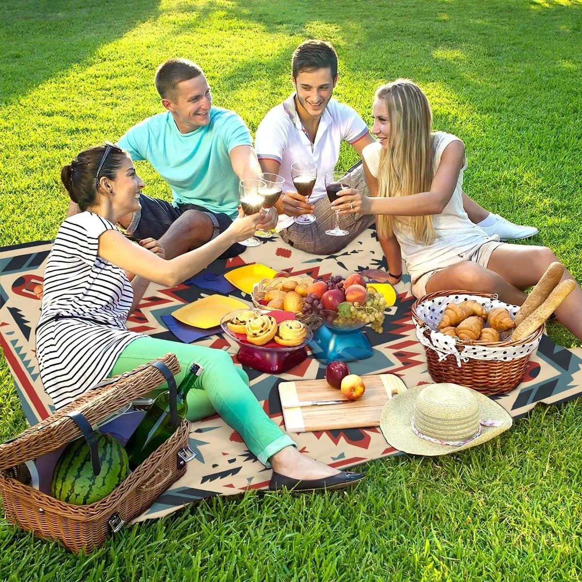 Beach Blanket, Rustic Western Sandproof Beach Mat, Waterproof Quick Drying Sand Free Mat with 4 x Ground Spikes for Outdoor Travel Camping Hiking, Southwestern Aztec 68 x 59 in