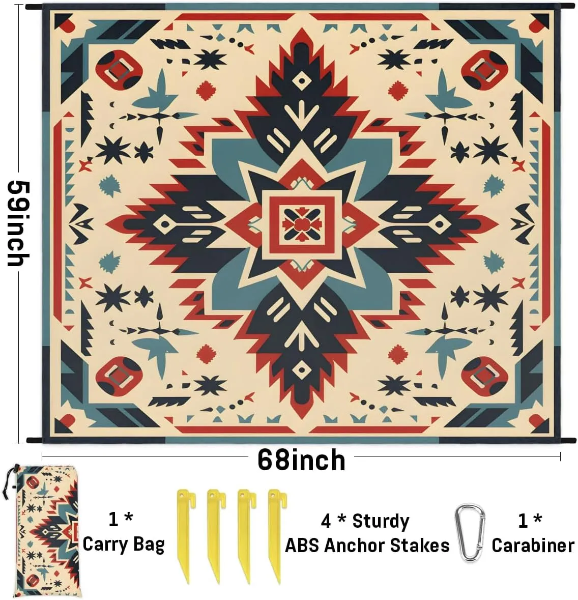 Beach Blanket, Rustic Western Sandproof Beach Mat, Waterproof Quick Drying Sand Free Mat with 4 x Ground Spikes for Outdoor Travel Camping Hiking, Southwestern Aztec 68 x 59 in