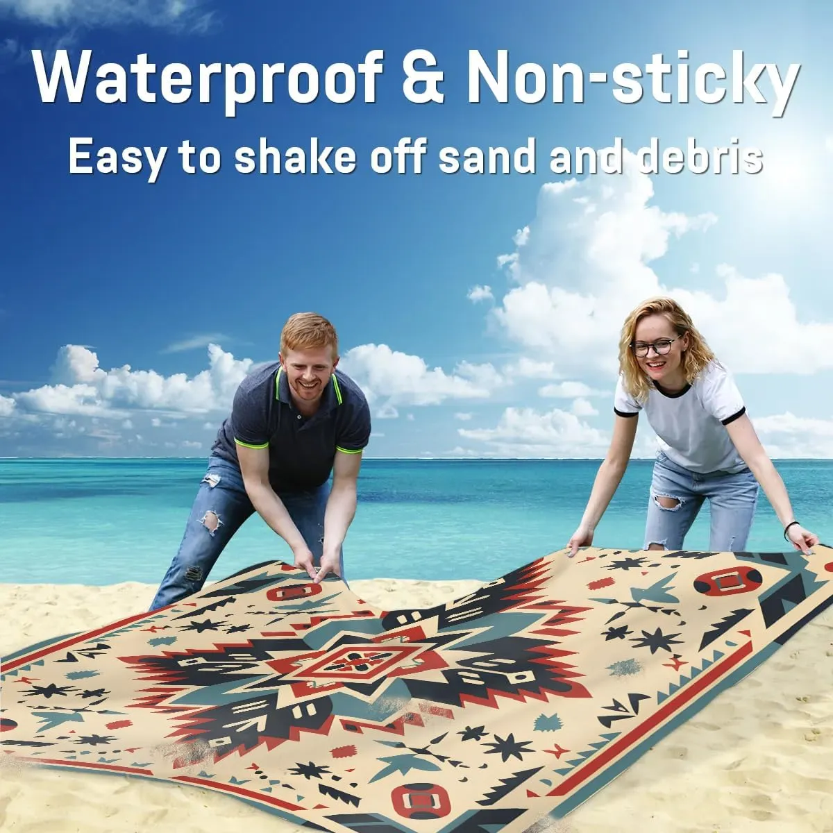 Beach Blanket, Rustic Western Sandproof Beach Mat, Waterproof Quick Drying Sand Free Mat with 4 x Ground Spikes for Outdoor Travel Camping Hiking, Southwestern Aztec 68 x 59 in