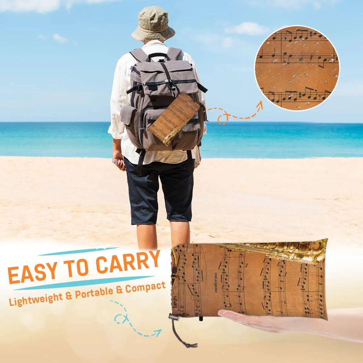Beach Blanket, Saxophone Sandproof Beach Mat, Waterproof Quick Drying Sand Free Mat with 4 x Ground Spikes for Outdoor Travel Camping Hiking, Musical Notes 68 x 59 in