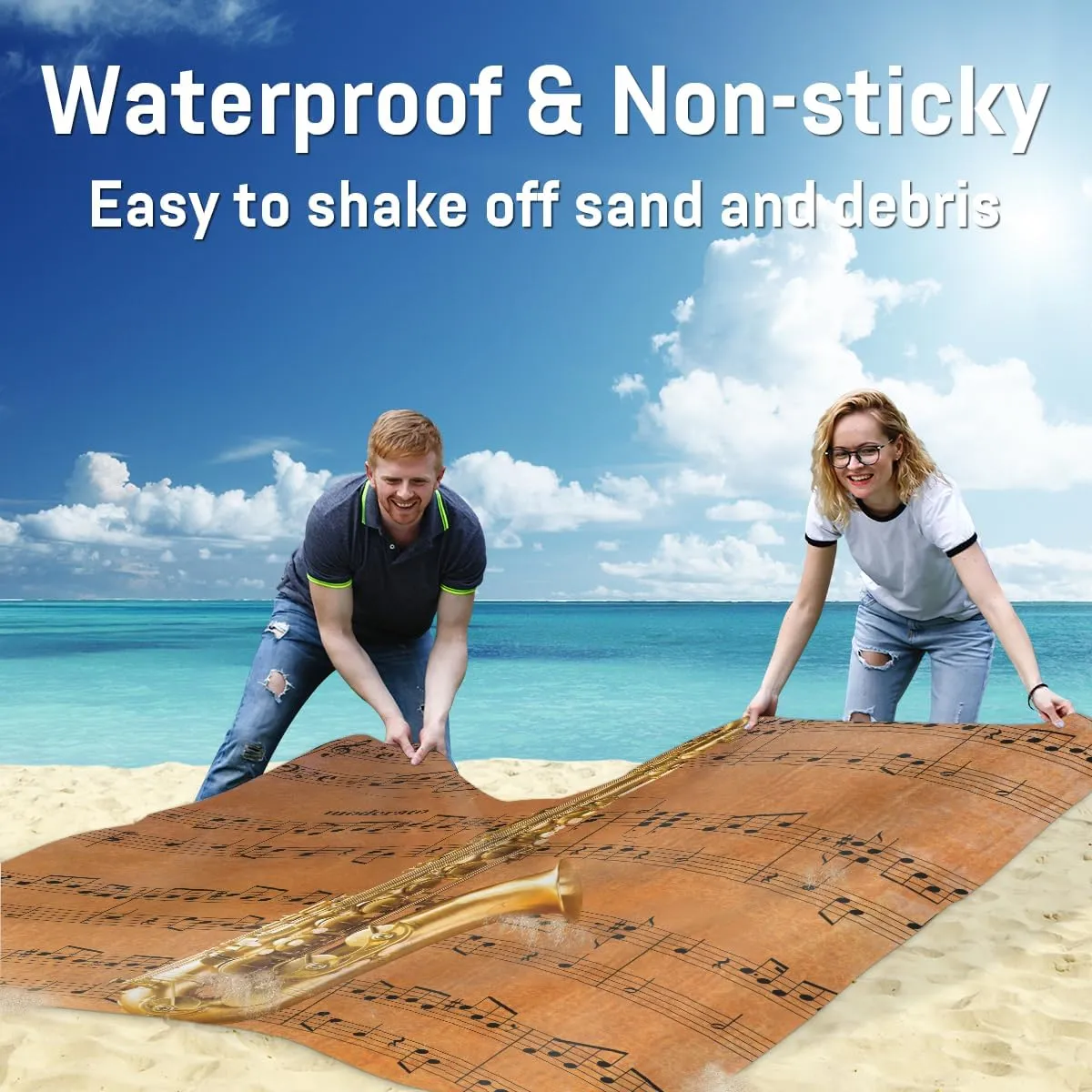 Beach Blanket, Saxophone Sandproof Beach Mat, Waterproof Quick Drying Sand Free Mat with 4 x Ground Spikes for Outdoor Travel Camping Hiking, Musical Notes 68 x 59 in