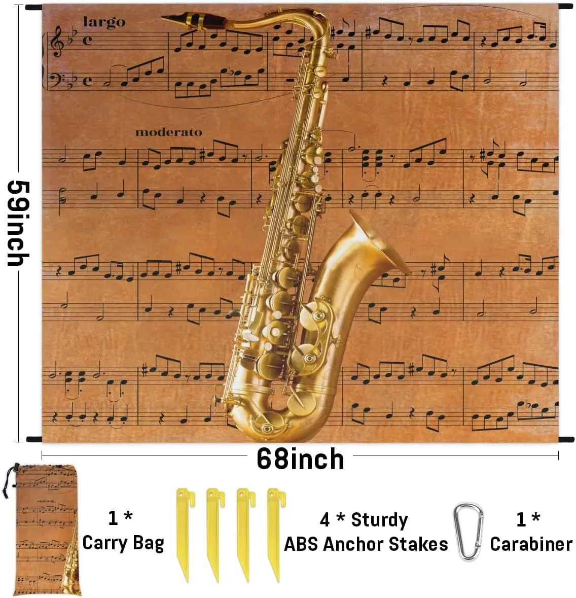 Beach Blanket, Saxophone Sandproof Beach Mat, Waterproof Quick Drying Sand Free Mat with 4 x Ground Spikes for Outdoor Travel Camping Hiking, Musical Notes 68 x 59 in