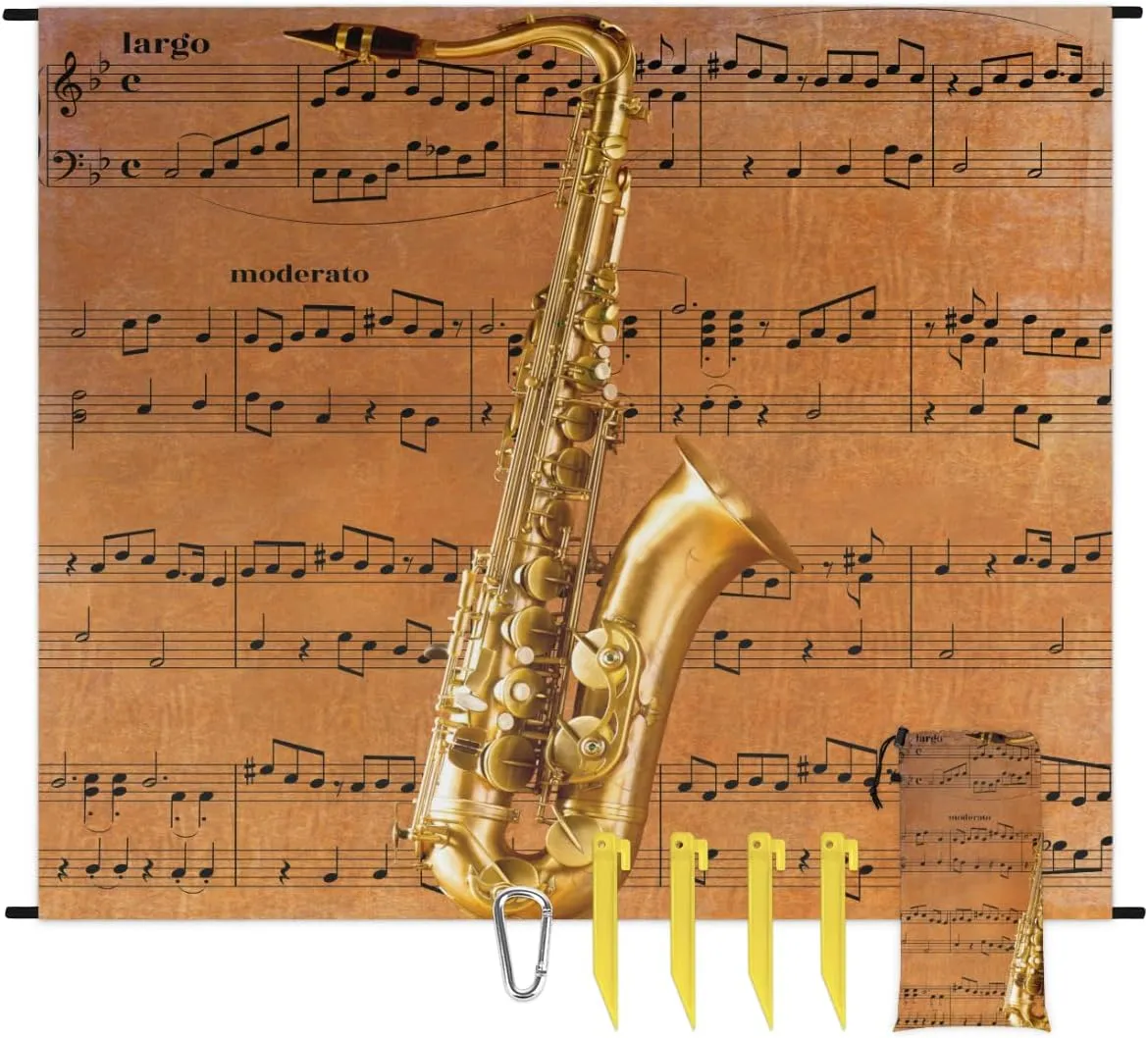 Beach Blanket, Saxophone Sandproof Beach Mat, Waterproof Quick Drying Sand Free Mat with 4 x Ground Spikes for Outdoor Travel Camping Hiking, Musical Notes 68 x 59 in