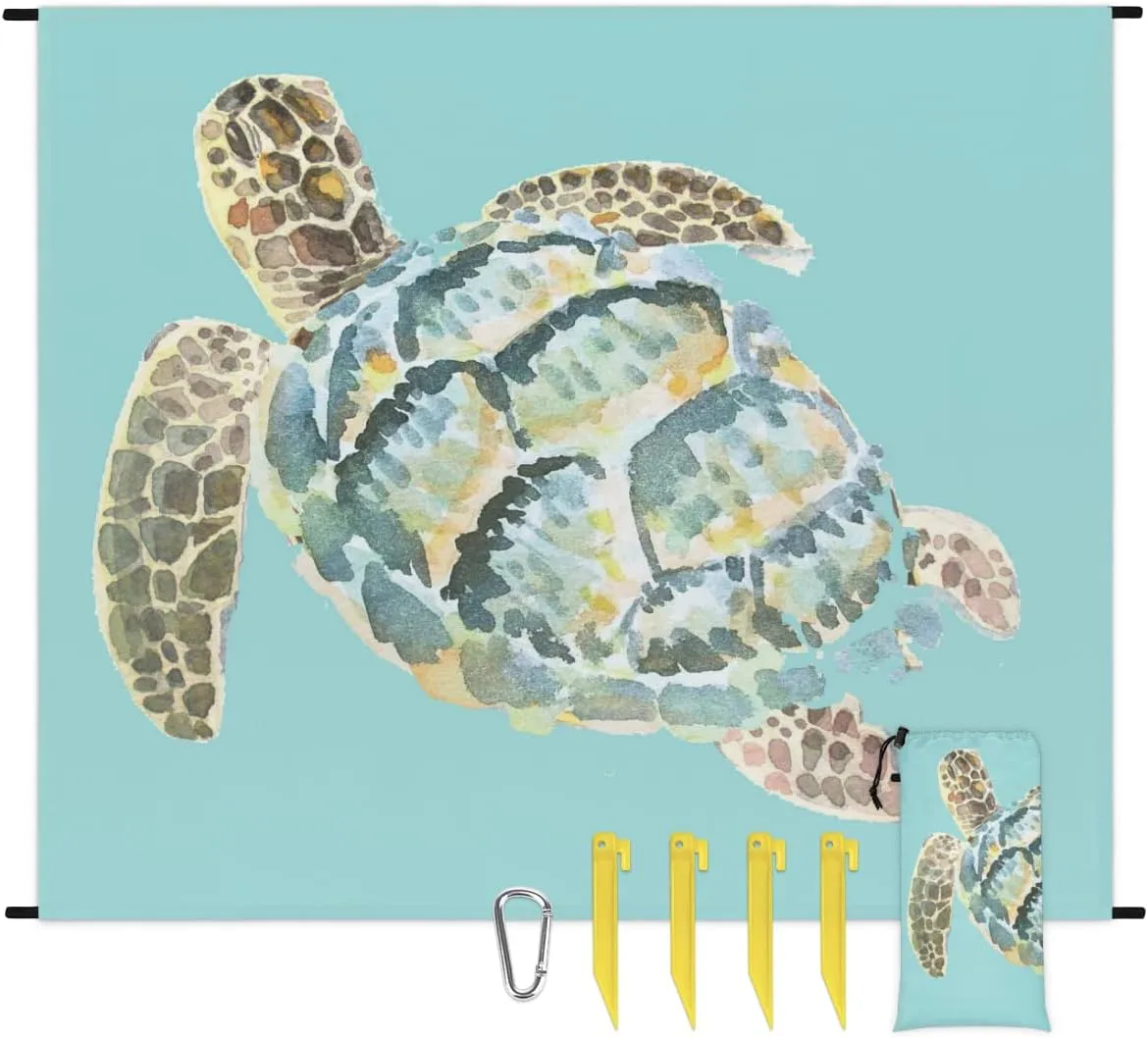 Beach Blanket, Sea Turtle Sandproof Beach Mat, Waterproof Quick Drying Sand Free Mat with 4 x Ground Spikes for Outdoor Travel Camping Hiking, Cute Turtle 68 x 59 in