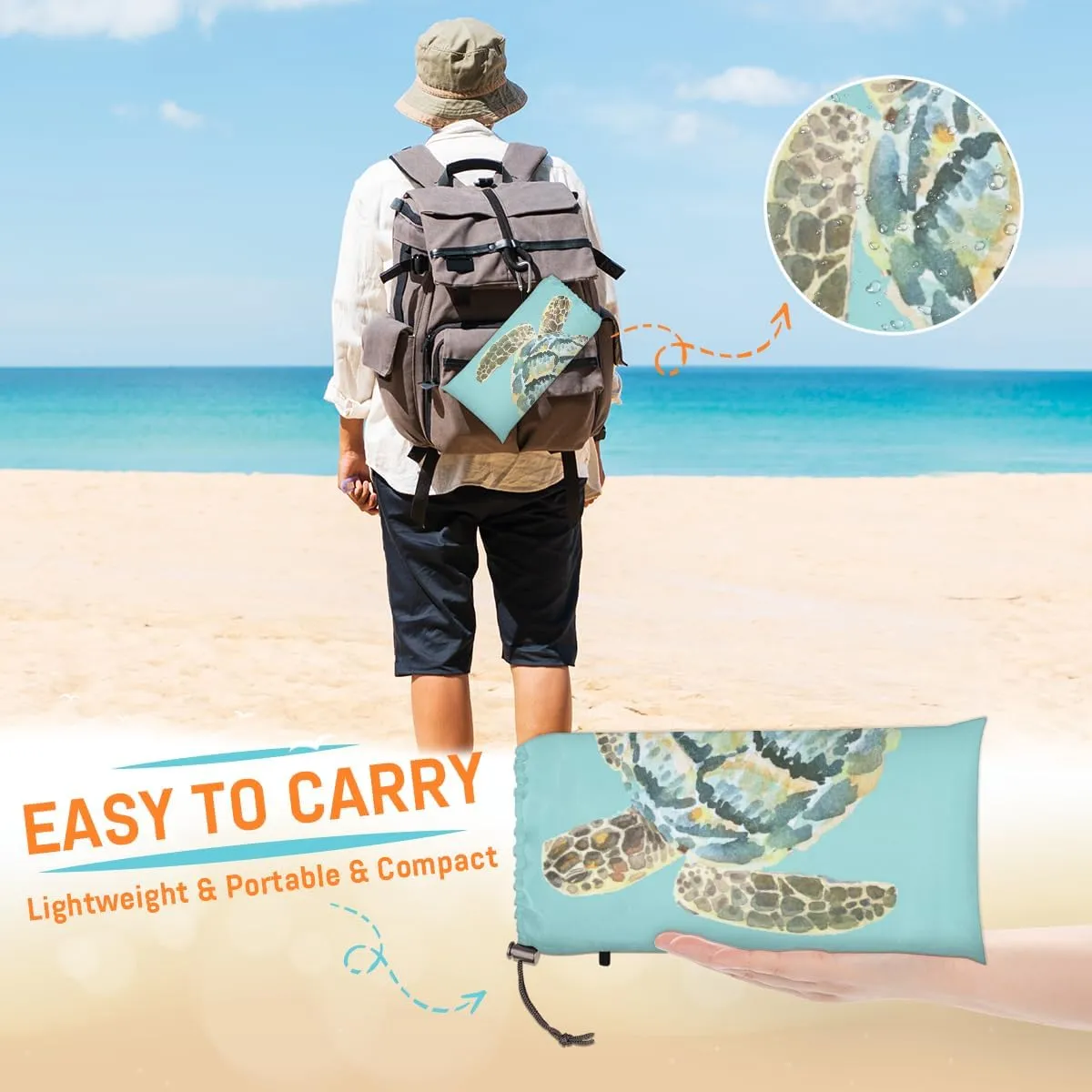 Beach Blanket, Sea Turtle Sandproof Beach Mat, Waterproof Quick Drying Sand Free Mat with 4 x Ground Spikes for Outdoor Travel Camping Hiking, Cute Turtle 68 x 59 in