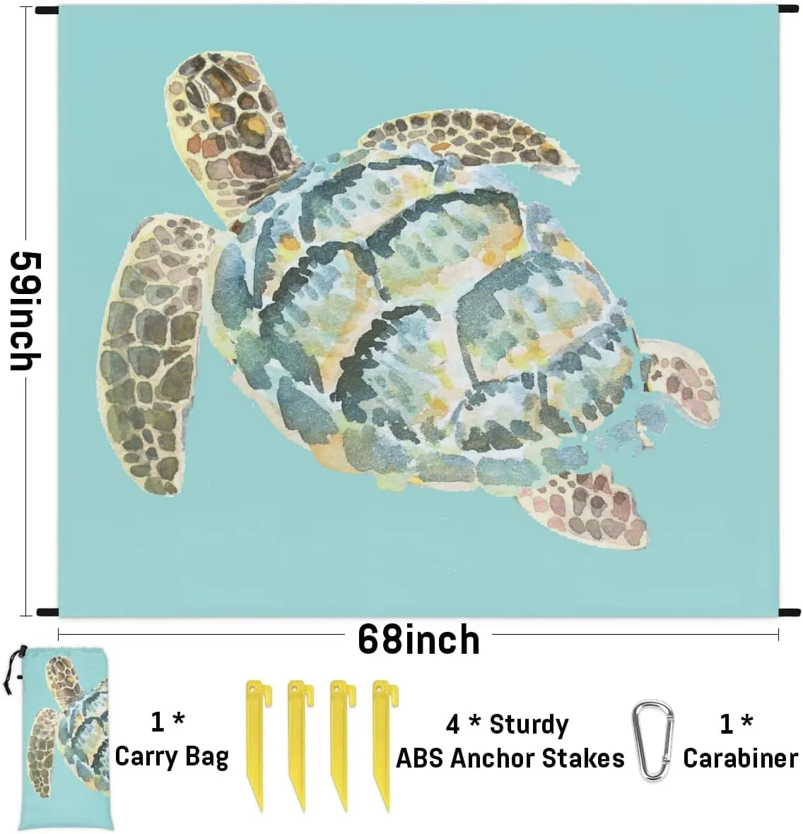 Beach Blanket, Sea Turtle Sandproof Beach Mat, Waterproof Quick Drying Sand Free Mat with 4 x Ground Spikes for Outdoor Travel Camping Hiking, Cute Turtle 68 x 59 in