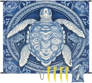 Beach Blanket, Sea Turtle Sandproof Beach Mat, Waterproof Quick Drying Sand Free Mat with 4 x Ground Spikes for Outdoor Travel Camping Hiking, Nautical Ocean 68 x 59 in