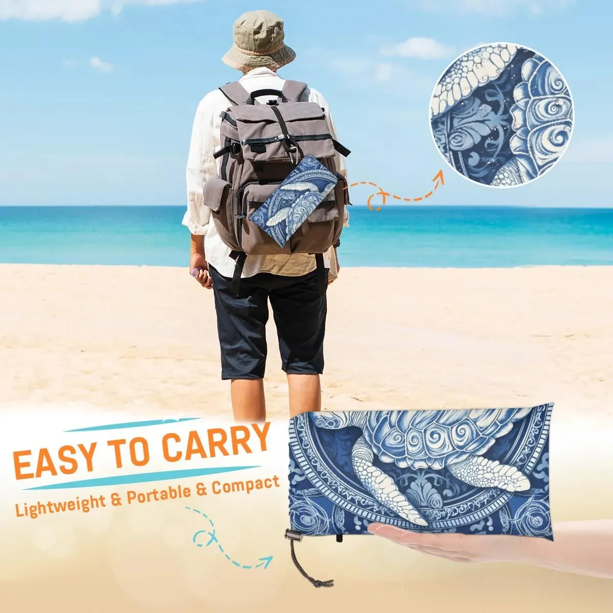 Beach Blanket, Sea Turtle Sandproof Beach Mat, Waterproof Quick Drying Sand Free Mat with 4 x Ground Spikes for Outdoor Travel Camping Hiking, Nautical Ocean 68 x 59 in