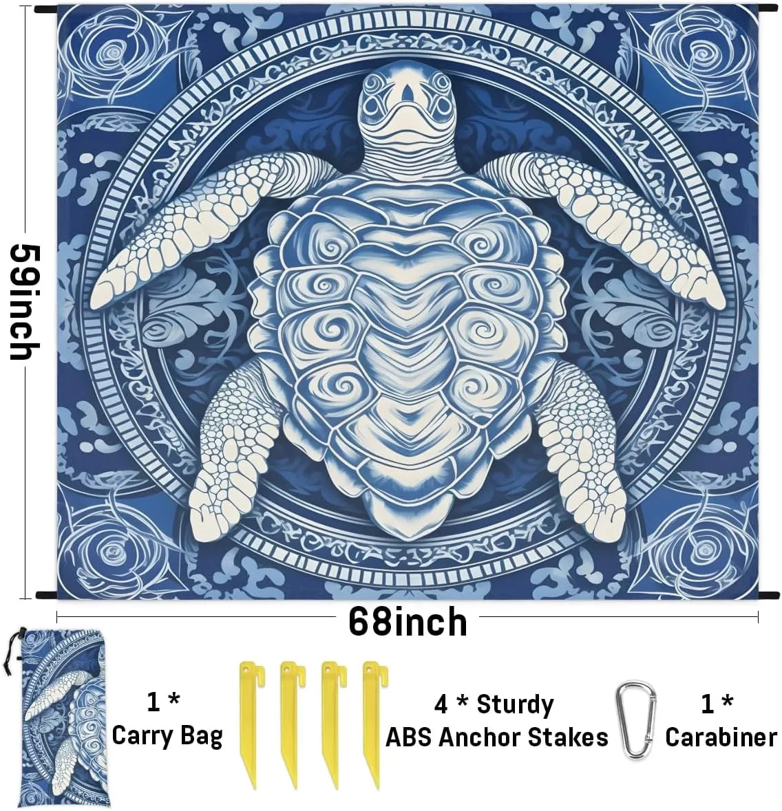 Beach Blanket, Sea Turtle Sandproof Beach Mat, Waterproof Quick Drying Sand Free Mat with 4 x Ground Spikes for Outdoor Travel Camping Hiking, Nautical Ocean 68 x 59 in