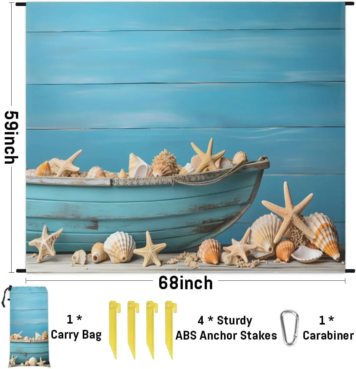 Beach Blanket, Seashell Sandproof Beach Mat, Waterproof Quick Drying Sand Free Mat with 4 x Ground Spikes for Outdoor Travel Camping Hiking, Starfish 68 x 59 in