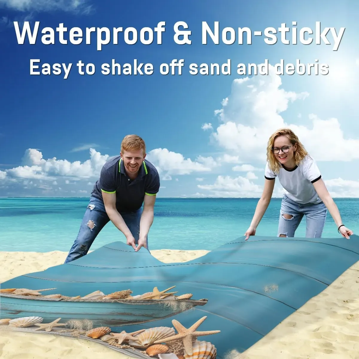 Beach Blanket, Seashell Sandproof Beach Mat, Waterproof Quick Drying Sand Free Mat with 4 x Ground Spikes for Outdoor Travel Camping Hiking, Starfish 68 x 59 in