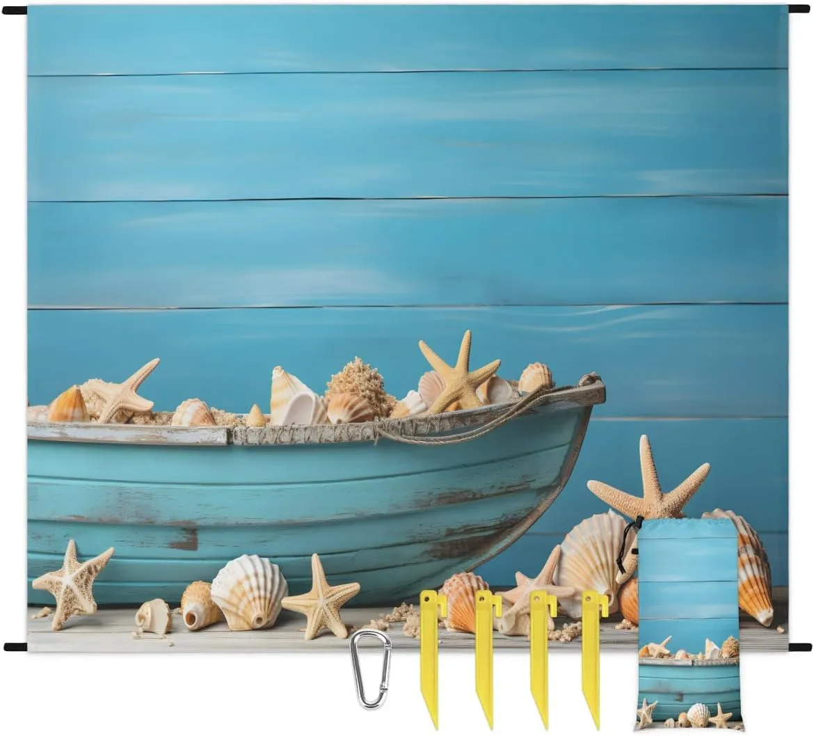 Beach Blanket, Seashell Sandproof Beach Mat, Waterproof Quick Drying Sand Free Mat with 4 x Ground Spikes for Outdoor Travel Camping Hiking, Starfish 68 x 59 in