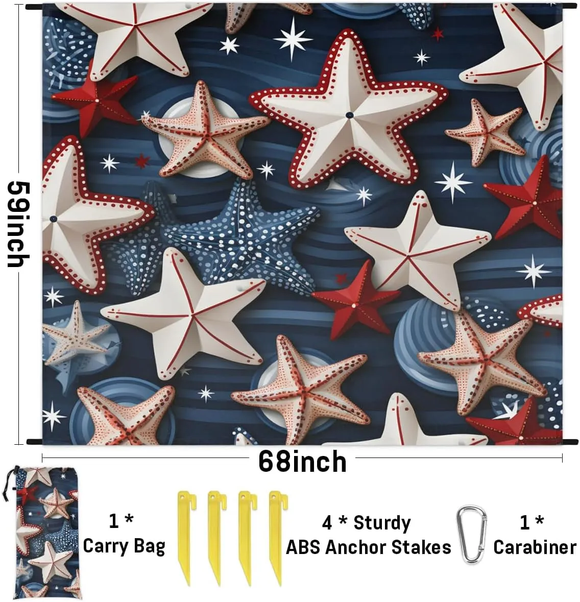 Beach Blanket, Seashells Starfish Ocean Sandproof Beach Mat, Waterproof Quick Drying Sand Free Mat with 4 x Ground Spikes for Outdoor Travel Camping Hiking, Independence Day 68 x 59 in