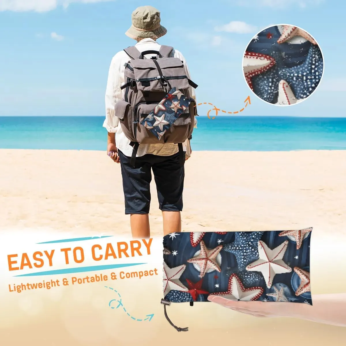 Beach Blanket, Seashells Starfish Ocean Sandproof Beach Mat, Waterproof Quick Drying Sand Free Mat with 4 x Ground Spikes for Outdoor Travel Camping Hiking, Independence Day 68 x 59 in