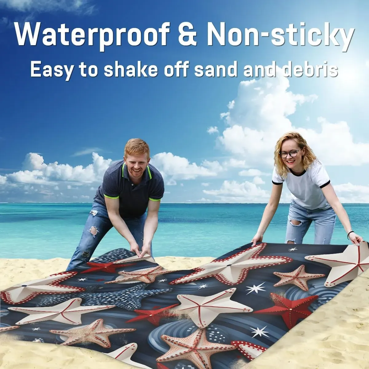 Beach Blanket, Seashells Starfish Ocean Sandproof Beach Mat, Waterproof Quick Drying Sand Free Mat with 4 x Ground Spikes for Outdoor Travel Camping Hiking, Independence Day 68 x 59 in