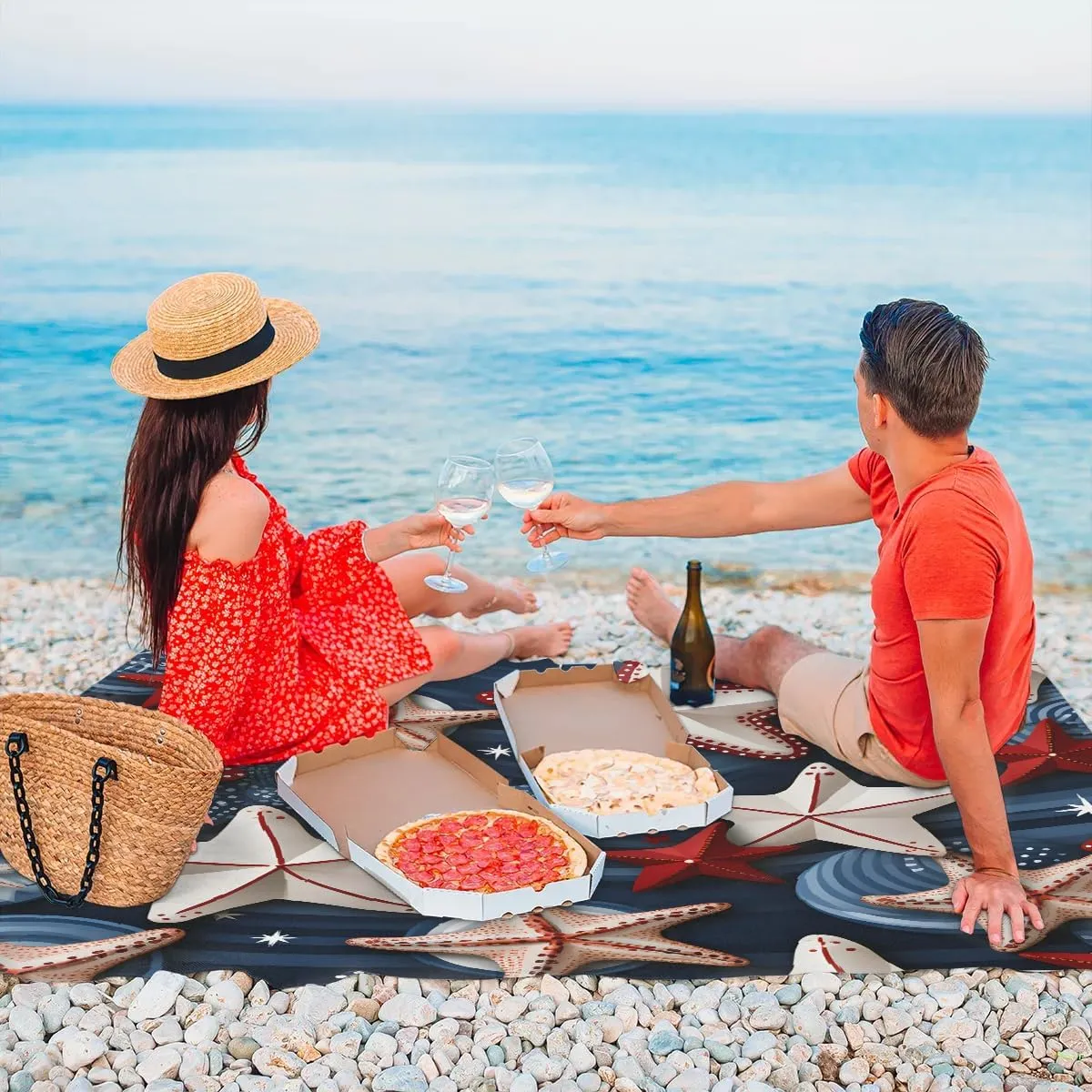 Beach Blanket, Seashells Starfish Ocean Sandproof Beach Mat, Waterproof Quick Drying Sand Free Mat with 4 x Ground Spikes for Outdoor Travel Camping Hiking, Independence Day 68 x 59 in