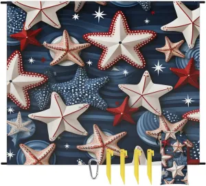 Beach Blanket, Seashells Starfish Ocean Sandproof Beach Mat, Waterproof Quick Drying Sand Free Mat with 4 x Ground Spikes for Outdoor Travel Camping Hiking, Independence Day 68 x 59 in