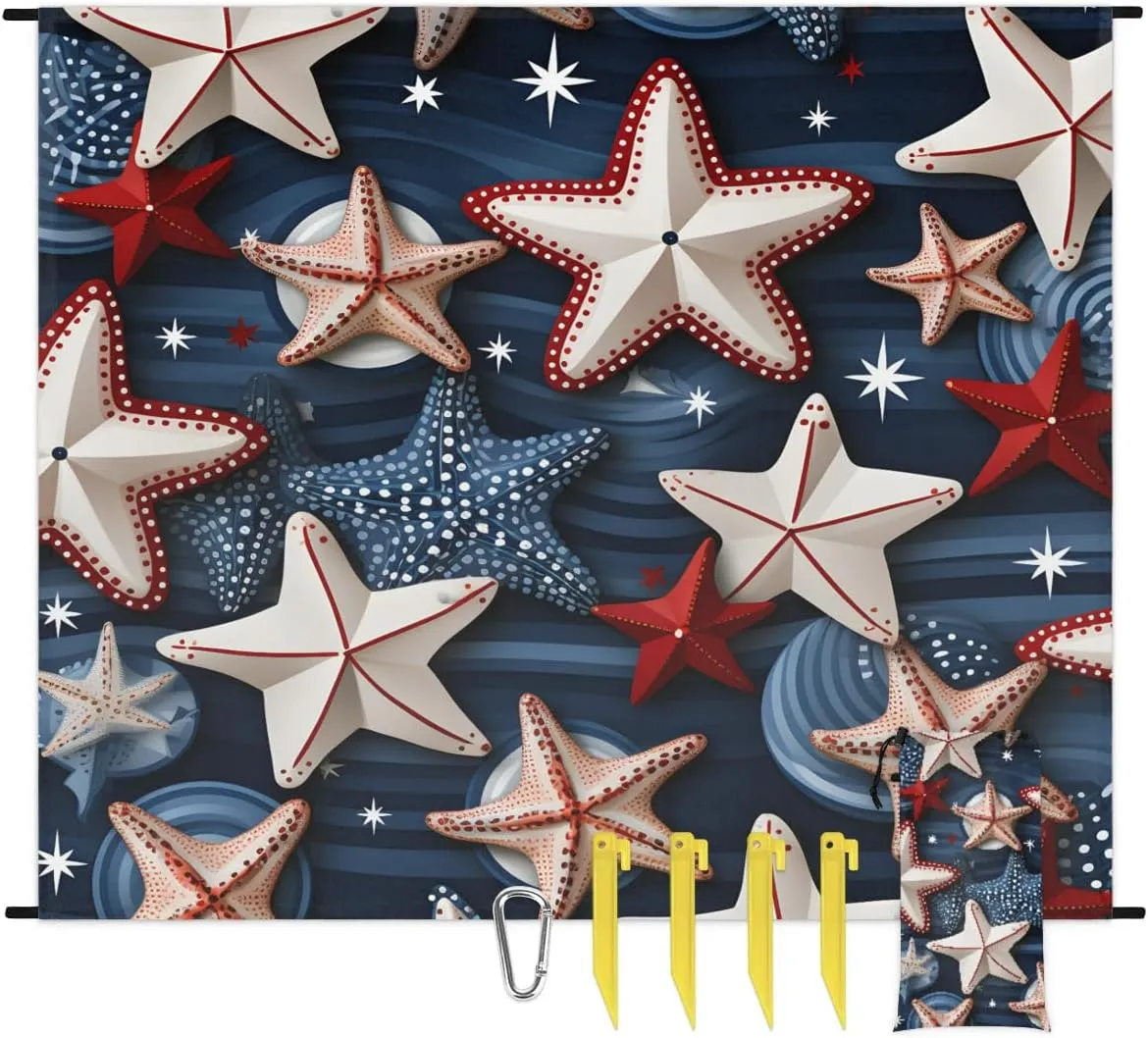 Beach Blanket, Seashells Starfish Ocean Sandproof Beach Mat, Waterproof Quick Drying Sand Free Mat with 4 x Ground Spikes for Outdoor Travel Camping Hiking, Independence Day 68 x 59 in