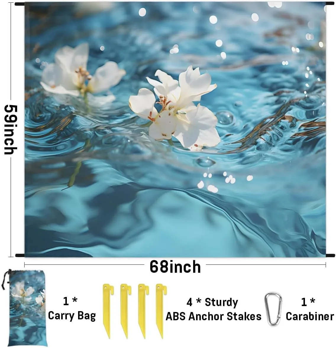 Beach Blanket, Spring Floral Plant Sandproof Beach Mat, Waterproof Quick Drying Sand Free Mat with 4 x Ground Spikes for Outdoor Travel Camping Hiking, Water and Flowers 68 x 59 in