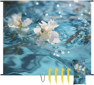 Beach Blanket, Spring Floral Plant Sandproof Beach Mat, Waterproof Quick Drying Sand Free Mat with 4 x Ground Spikes for Outdoor Travel Camping Hiking, Water and Flowers 68 x 59 in