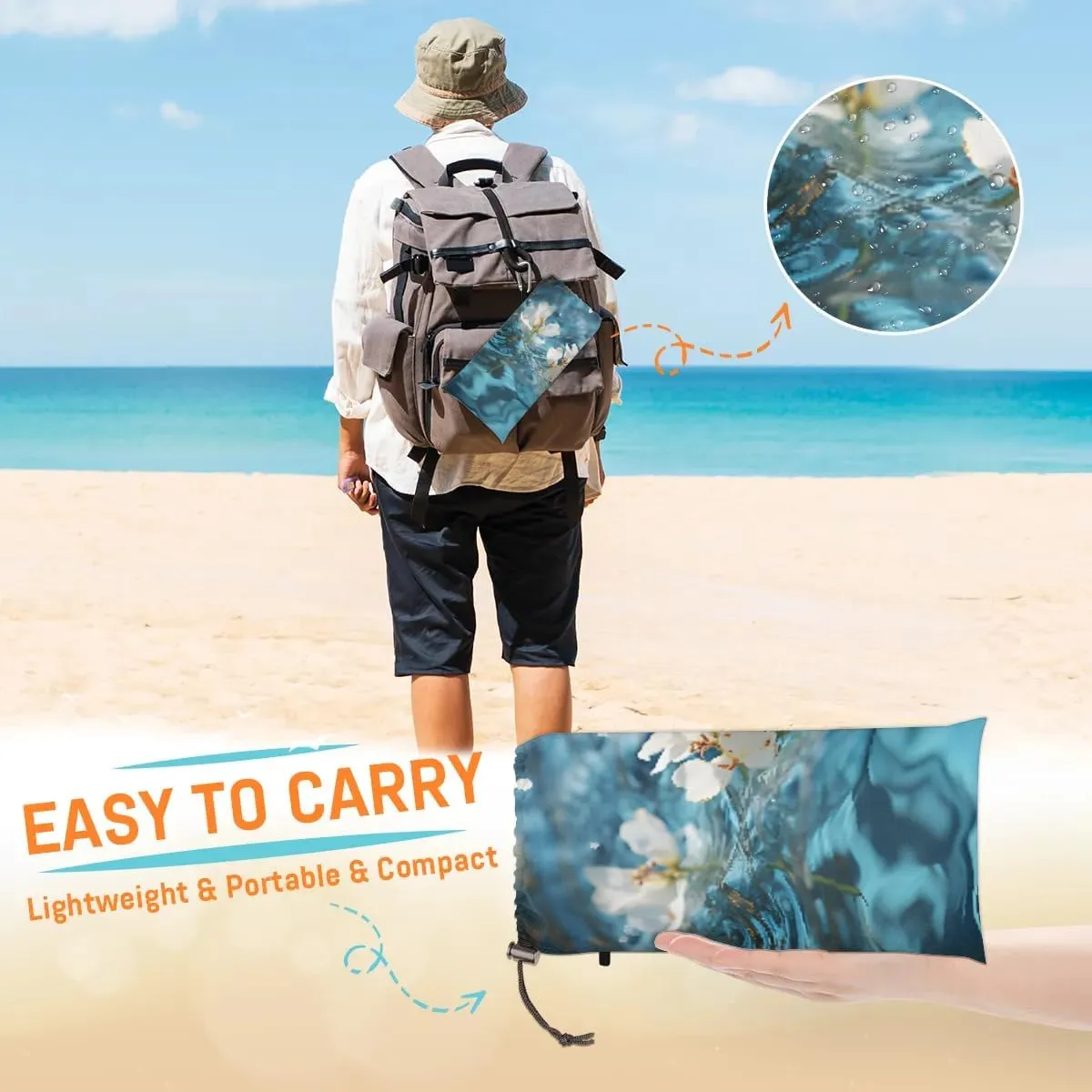 Beach Blanket, Spring Floral Plant Sandproof Beach Mat, Waterproof Quick Drying Sand Free Mat with 4 x Ground Spikes for Outdoor Travel Camping Hiking, Water and Flowers 68 x 59 in