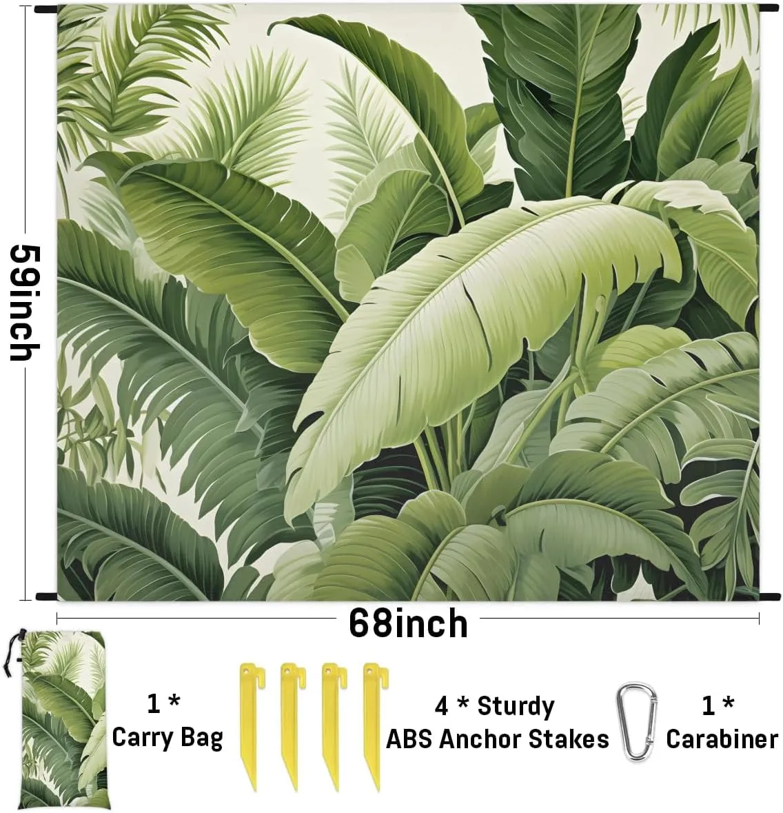 Beach Blanket, Spring Palm Leaves Sandproof Beach Mat, Waterproof Quick Drying Sand Free Mat with 4 x Ground Spikes for Outdoor Travel Camping Hiking, Tropical Palm Leaves 68 x 59 in