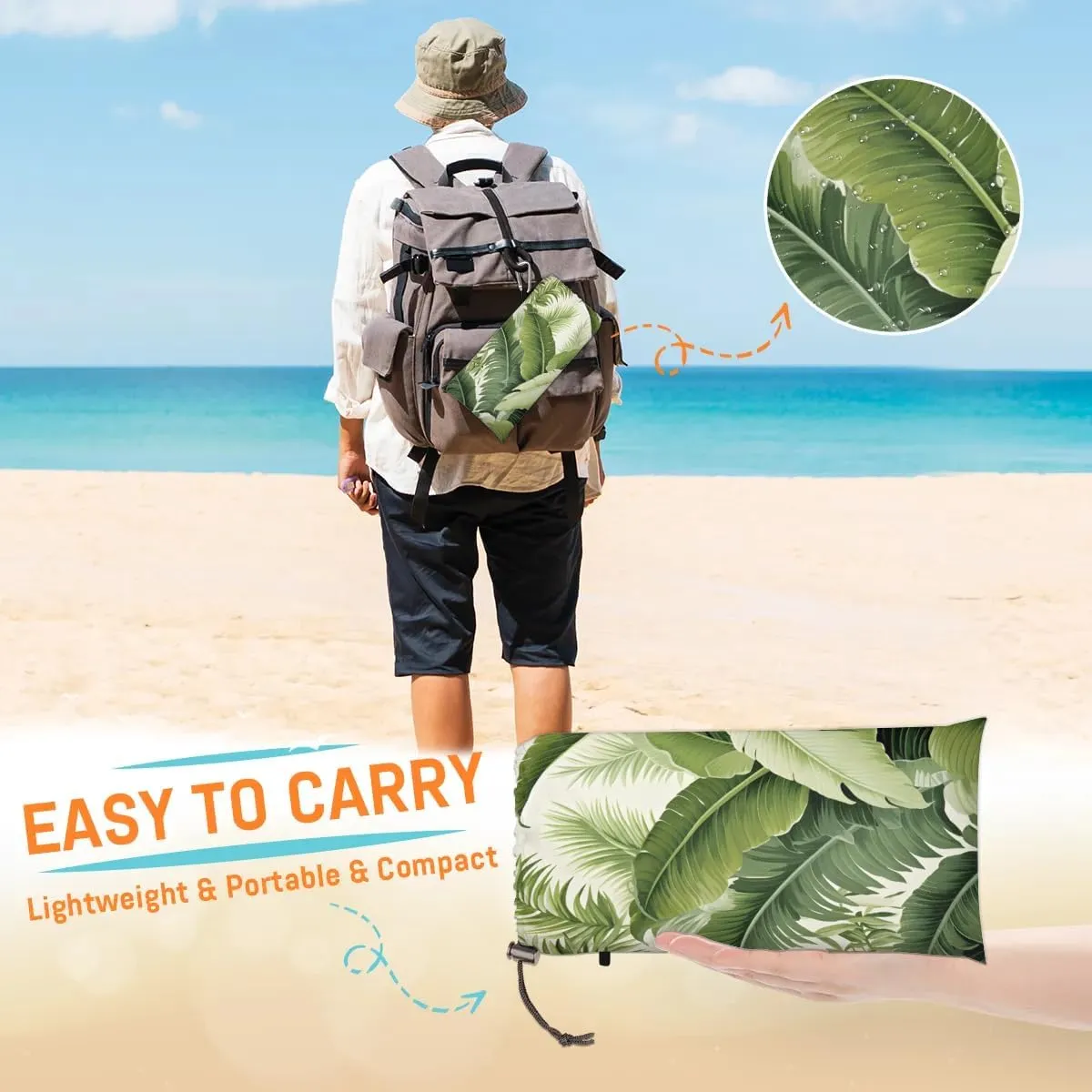 Beach Blanket, Spring Palm Leaves Sandproof Beach Mat, Waterproof Quick Drying Sand Free Mat with 4 x Ground Spikes for Outdoor Travel Camping Hiking, Tropical Palm Leaves 68 x 59 in