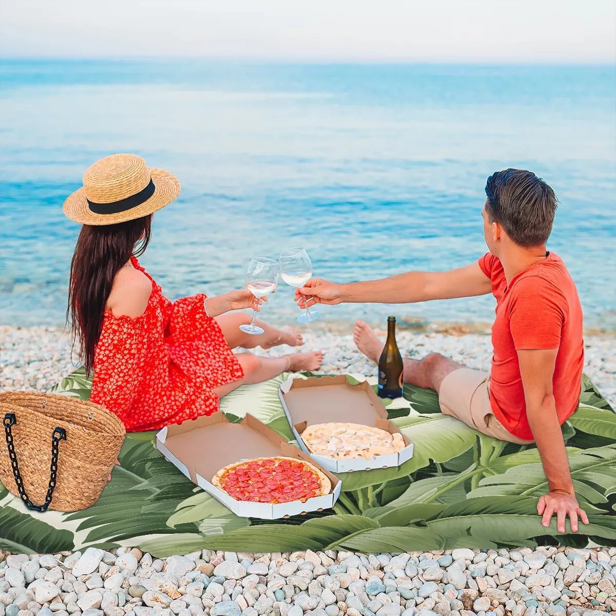 Beach Blanket, Spring Palm Leaves Sandproof Beach Mat, Waterproof Quick Drying Sand Free Mat with 4 x Ground Spikes for Outdoor Travel Camping Hiking, Tropical Palm Leaves 68 x 59 in