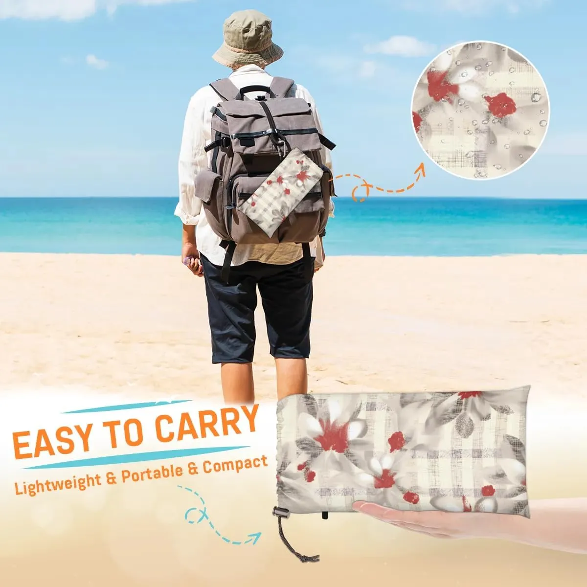 Beach Blanket, Spring Summer Daisy Floral Sandproof Beach Mat, Waterproof Quick Drying Sand Free Mat with 4 x Ground Spikes for Outdoor Travel Camping Hiking, Daisy Floral Plaid 68 x 59 in