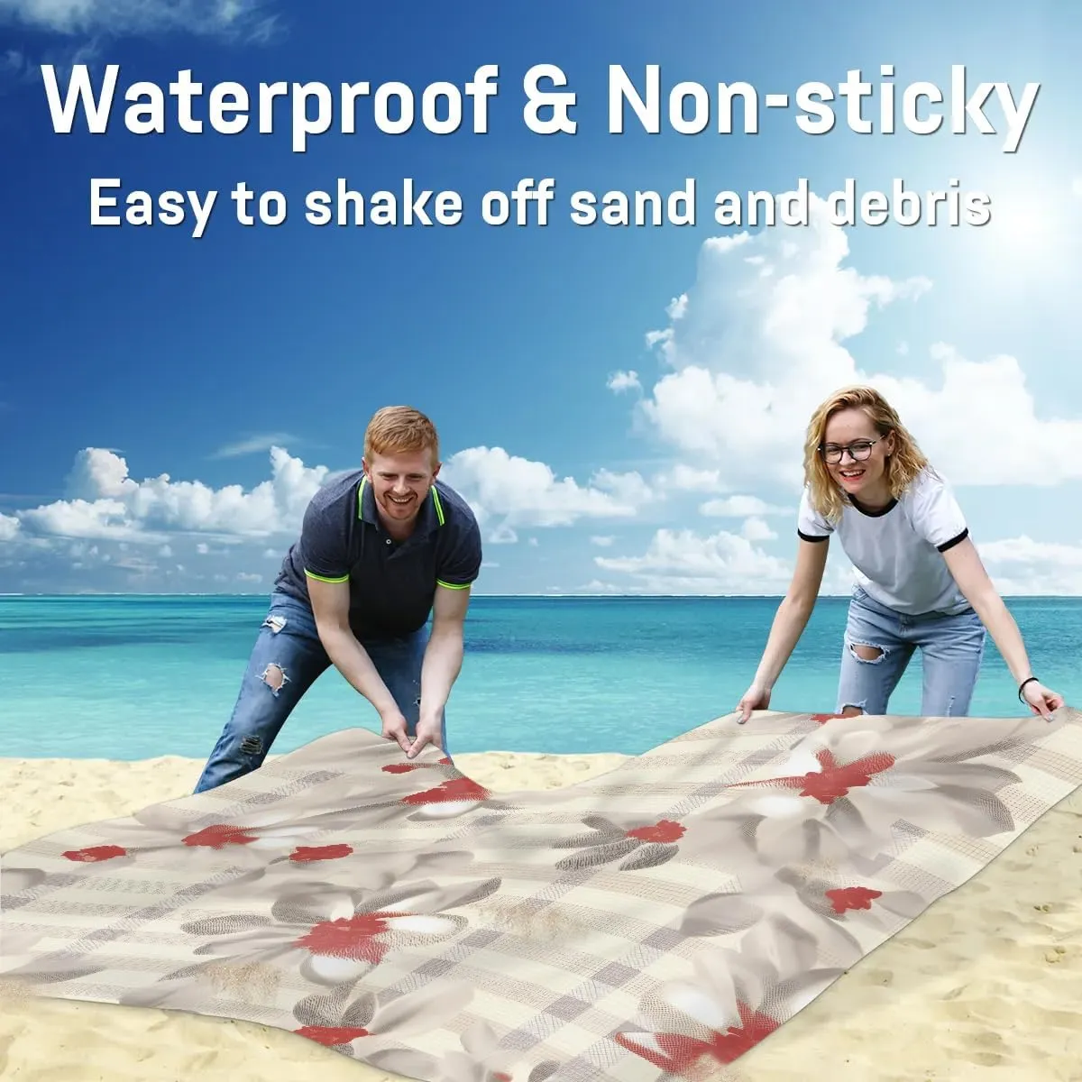 Beach Blanket, Spring Summer Daisy Floral Sandproof Beach Mat, Waterproof Quick Drying Sand Free Mat with 4 x Ground Spikes for Outdoor Travel Camping Hiking, Daisy Floral Plaid 68 x 59 in