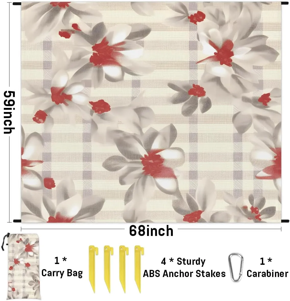 Beach Blanket, Spring Summer Daisy Floral Sandproof Beach Mat, Waterproof Quick Drying Sand Free Mat with 4 x Ground Spikes for Outdoor Travel Camping Hiking, Daisy Floral Plaid 68 x 59 in