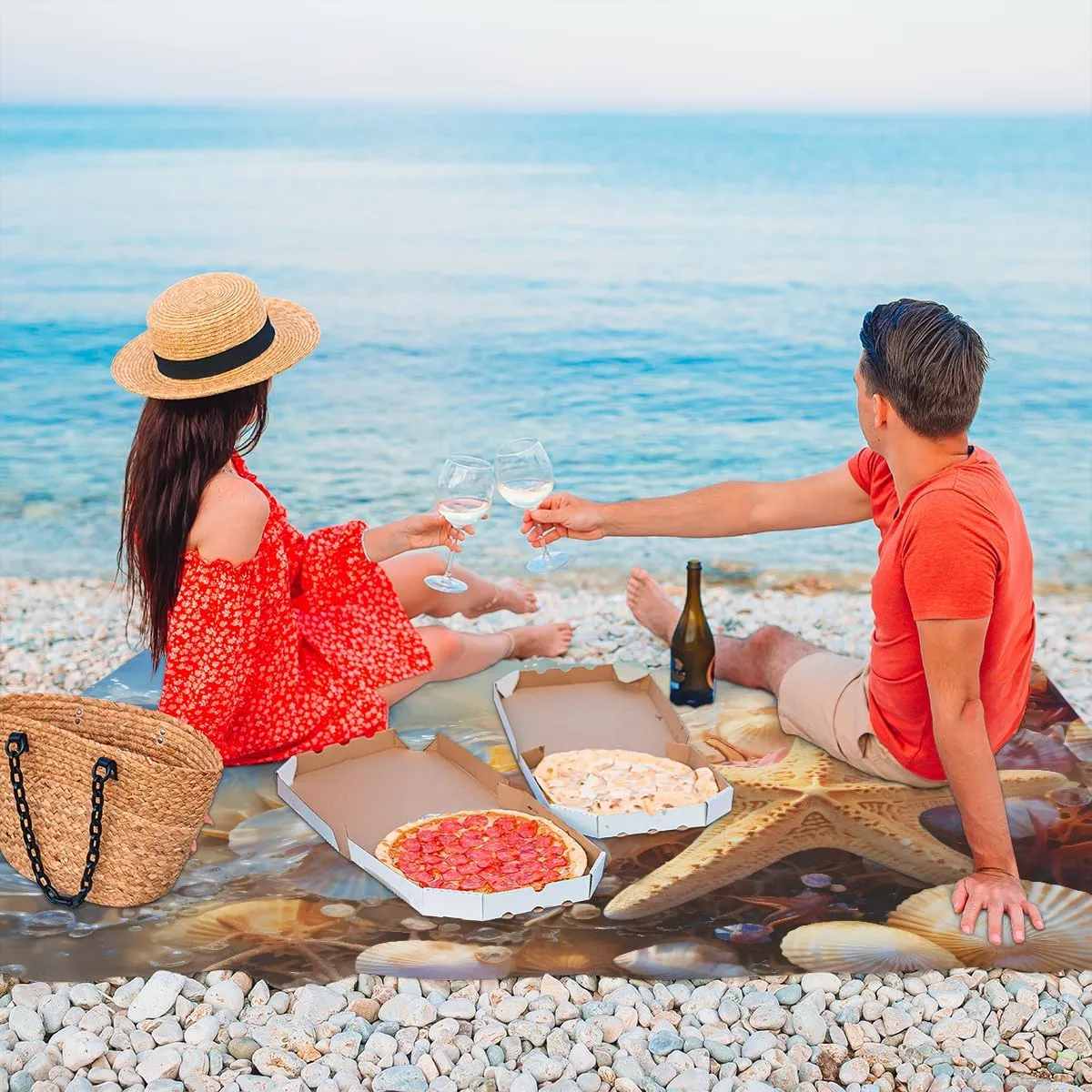 Beach Blanket, Starfish Shell Sandproof Beach Mat, Waterproof Quick Drying Sand Free Mat with 4 x Ground Spikes for Outdoor Travel Camping Hiking, Coastal Starfish 68 x 59 in