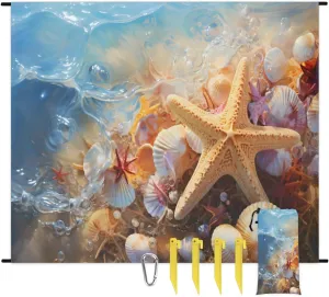 Beach Blanket, Starfish Shell Sandproof Beach Mat, Waterproof Quick Drying Sand Free Mat with 4 x Ground Spikes for Outdoor Travel Camping Hiking, Coastal Starfish 68 x 59 in