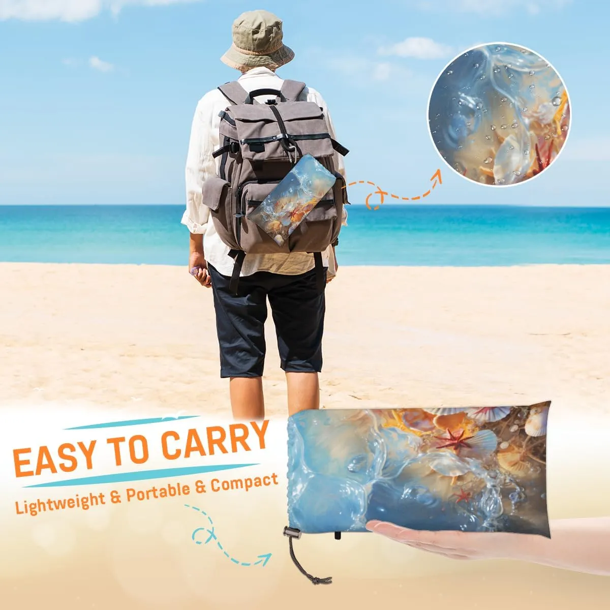 Beach Blanket, Starfish Shell Sandproof Beach Mat, Waterproof Quick Drying Sand Free Mat with 4 x Ground Spikes for Outdoor Travel Camping Hiking, Coastal Starfish 68 x 59 in
