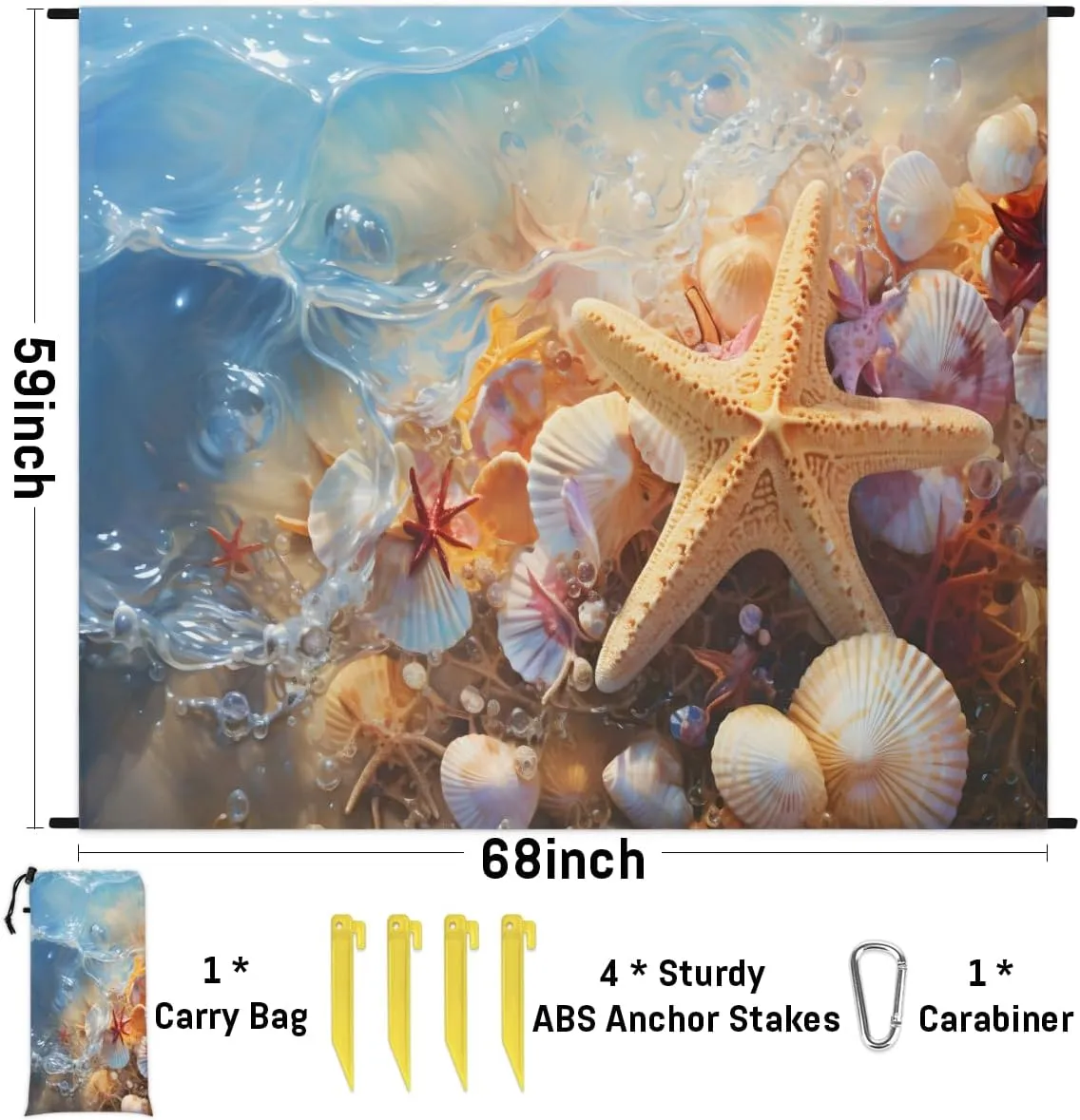 Beach Blanket, Starfish Shell Sandproof Beach Mat, Waterproof Quick Drying Sand Free Mat with 4 x Ground Spikes for Outdoor Travel Camping Hiking, Coastal Starfish 68 x 59 in