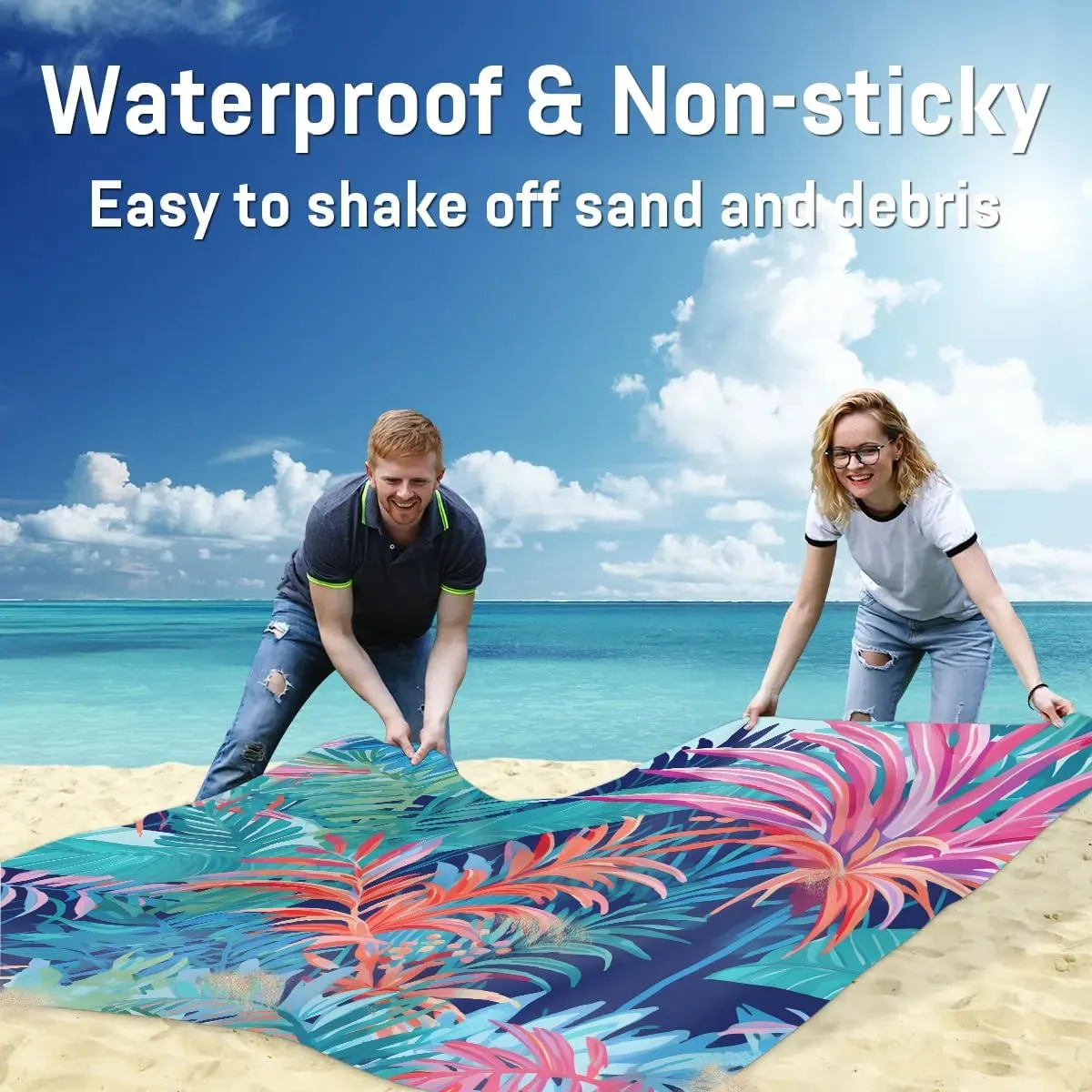 Beach Blanket, Tropical Floral Plant Sandproof Beach Mat, Waterproof Quick Drying Sand Free Mat with 4 x Ground Spikes for Outdoor Travel Camping Hiking, Palm Leaf Banana Leaves 68 x 59 in