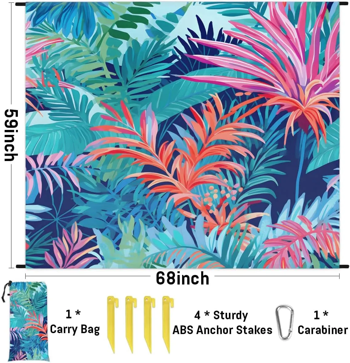 Beach Blanket, Tropical Floral Plant Sandproof Beach Mat, Waterproof Quick Drying Sand Free Mat with 4 x Ground Spikes for Outdoor Travel Camping Hiking, Palm Leaf Banana Leaves 68 x 59 in