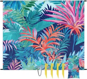 Beach Blanket, Tropical Floral Plant Sandproof Beach Mat, Waterproof Quick Drying Sand Free Mat with 4 x Ground Spikes for Outdoor Travel Camping Hiking, Palm Leaf Banana Leaves 68 x 59 in
