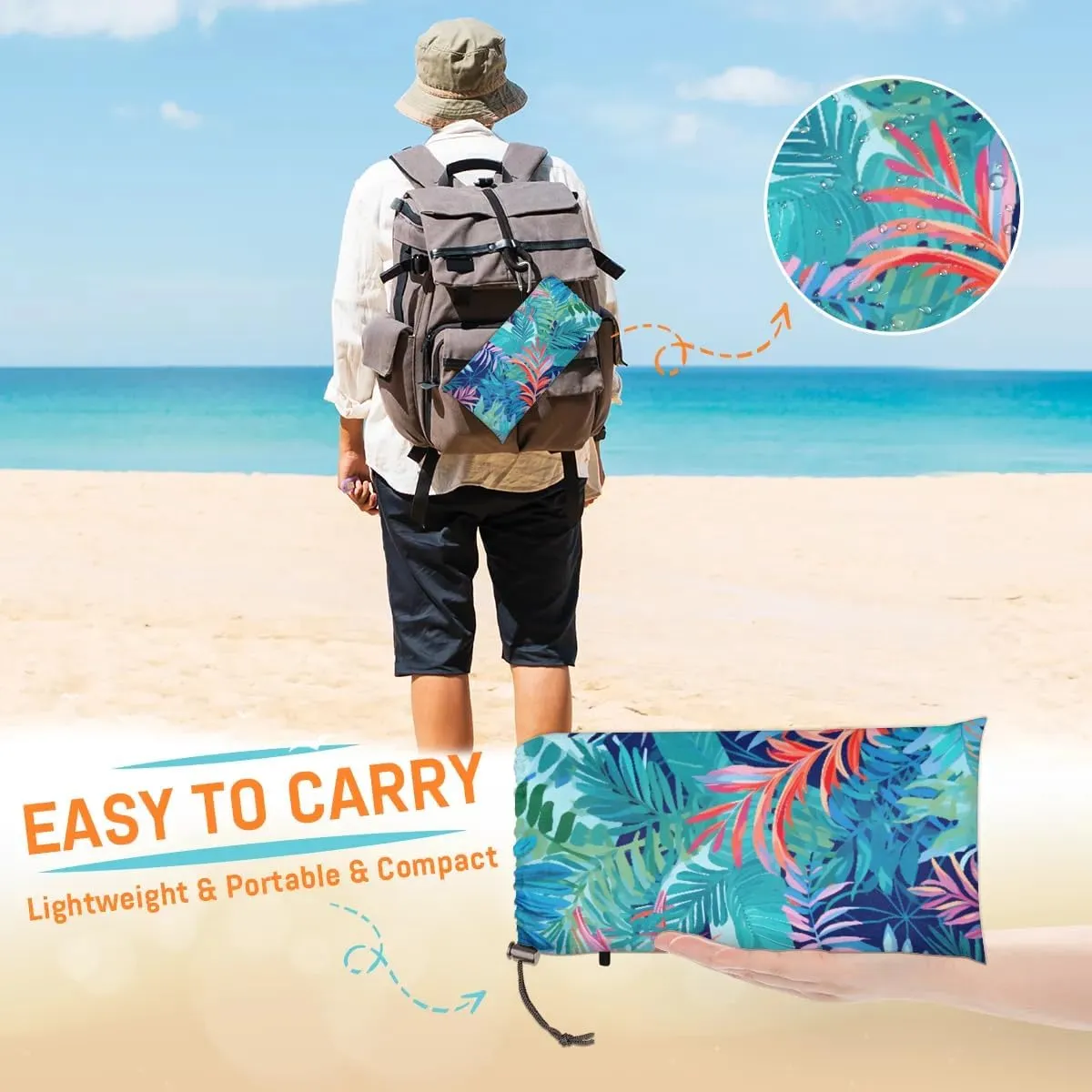 Beach Blanket, Tropical Floral Plant Sandproof Beach Mat, Waterproof Quick Drying Sand Free Mat with 4 x Ground Spikes for Outdoor Travel Camping Hiking, Palm Leaf Banana Leaves 68 x 59 in
