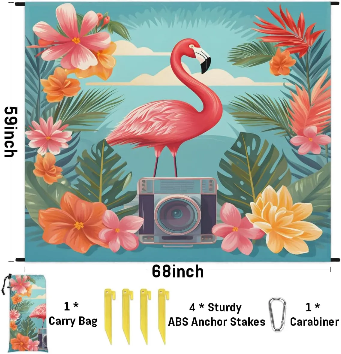 Beach Blanket, Tropical Leaves Flamingos Sandproof Beach Mat, Waterproof Quick Drying Sand Free Mat with 4 x Ground Spikes for Outdoor Travel Camping Hiking, Flamingos Flower 68 x 59 in