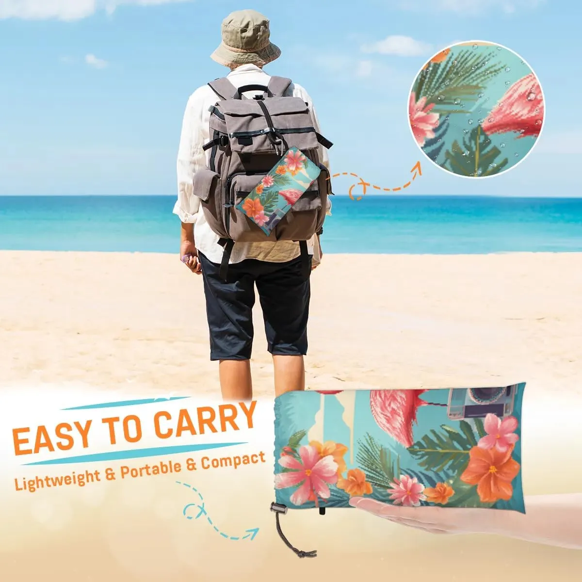 Beach Blanket, Tropical Leaves Flamingos Sandproof Beach Mat, Waterproof Quick Drying Sand Free Mat with 4 x Ground Spikes for Outdoor Travel Camping Hiking, Flamingos Flower 68 x 59 in