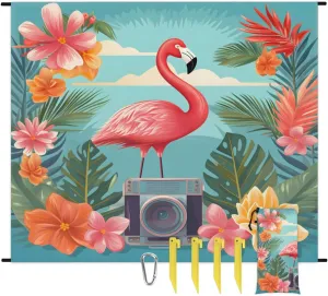 Beach Blanket, Tropical Leaves Flamingos Sandproof Beach Mat, Waterproof Quick Drying Sand Free Mat with 4 x Ground Spikes for Outdoor Travel Camping Hiking, Flamingos Flower 68 x 59 in