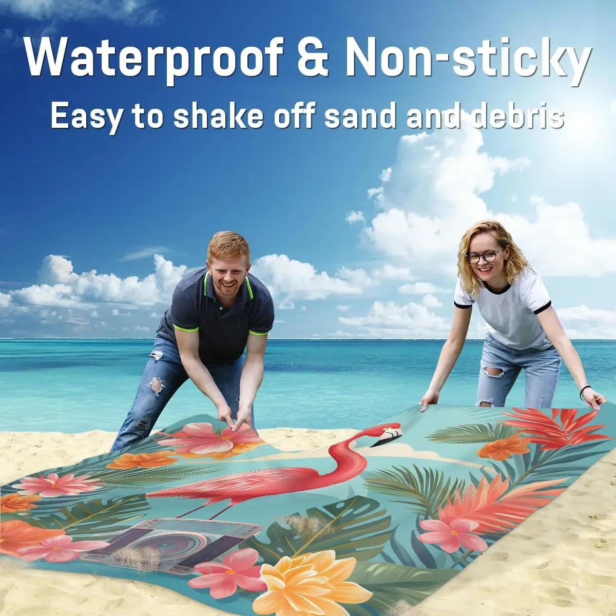 Beach Blanket, Tropical Leaves Flamingos Sandproof Beach Mat, Waterproof Quick Drying Sand Free Mat with 4 x Ground Spikes for Outdoor Travel Camping Hiking, Flamingos Flower 68 x 59 in