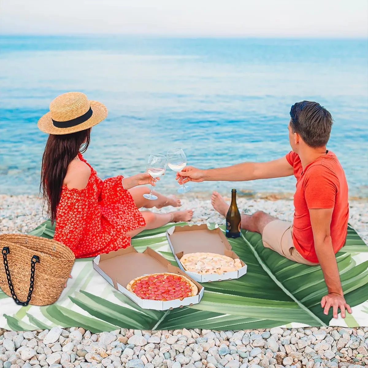 Beach Blanket, Tropical Leaves Sandproof Beach Mat, Waterproof Quick Drying Sand Free Mat with 4 x Ground Spikes for Outdoor Travel Camping Hiking, Green Palm Leaf 68 x 59 in
