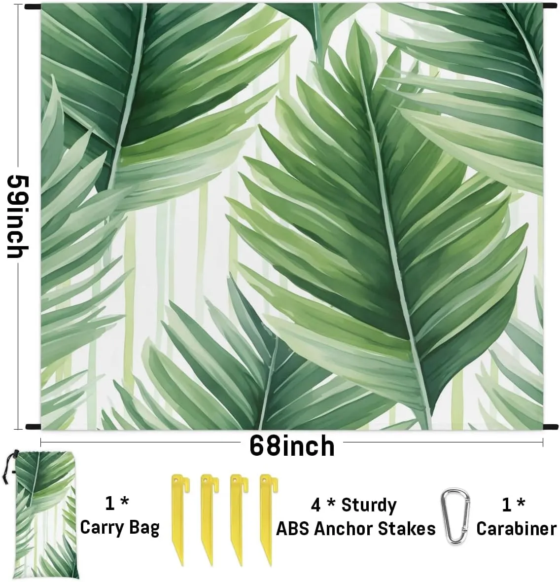 Beach Blanket, Tropical Leaves Sandproof Beach Mat, Waterproof Quick Drying Sand Free Mat with 4 x Ground Spikes for Outdoor Travel Camping Hiking, Green Palm Leaf 68 x 59 in