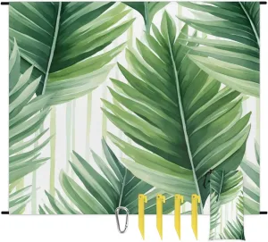 Beach Blanket, Tropical Leaves Sandproof Beach Mat, Waterproof Quick Drying Sand Free Mat with 4 x Ground Spikes for Outdoor Travel Camping Hiking, Green Palm Leaf 68 x 59 in