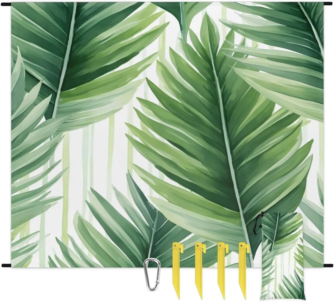 Beach Blanket, Tropical Leaves Sandproof Beach Mat, Waterproof Quick Drying Sand Free Mat with 4 x Ground Spikes for Outdoor Travel Camping Hiking, Green Palm Leaf 68 x 59 in