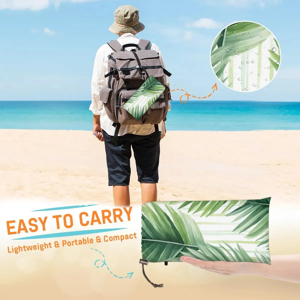Beach Blanket, Tropical Leaves Sandproof Beach Mat, Waterproof Quick Drying Sand Free Mat with 4 x Ground Spikes for Outdoor Travel Camping Hiking, Green Palm Leaf 68 x 59 in